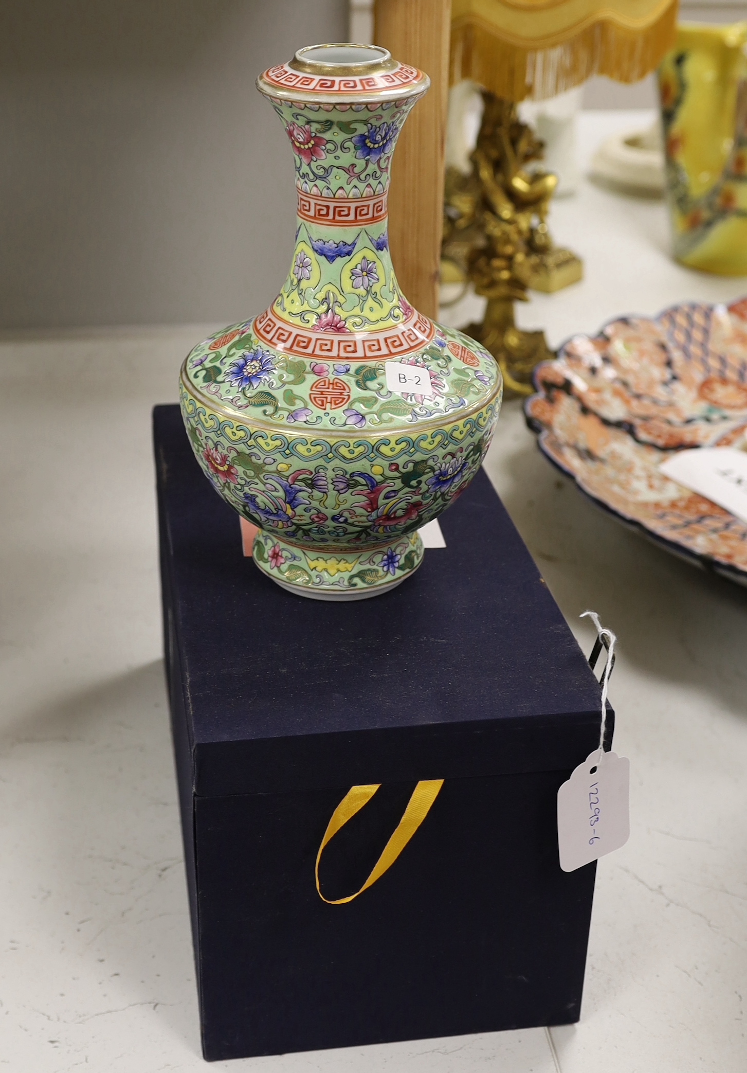 A Chinese enamelled porcelain celadon ground vase, 23.5cm, I box